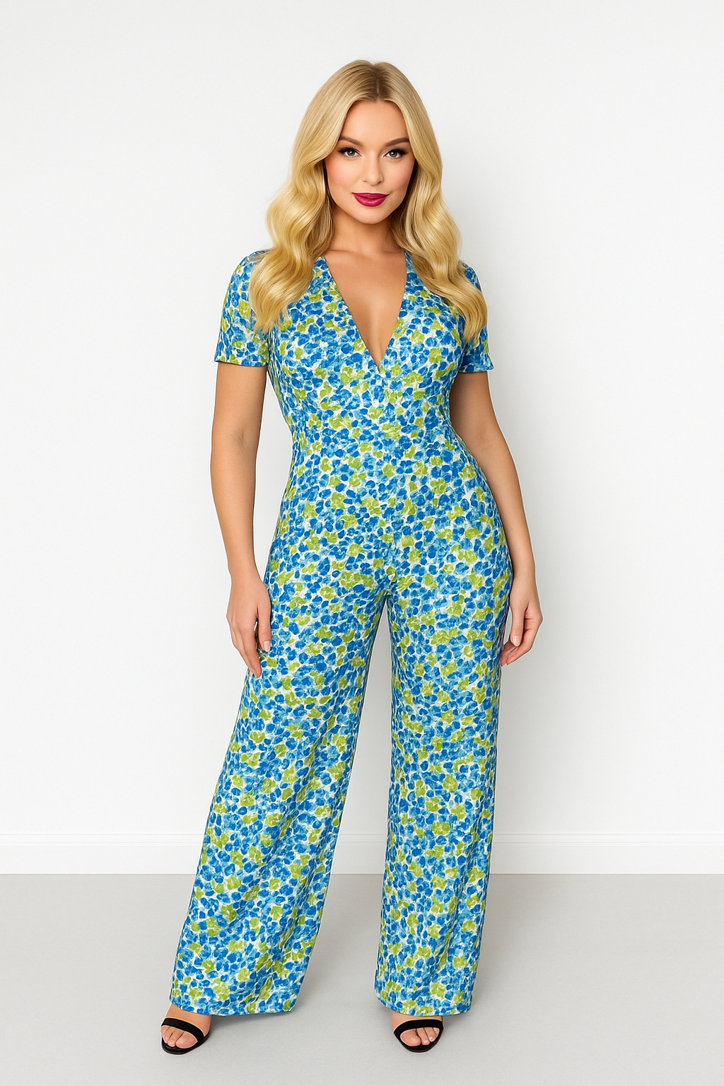 Floral Print Low Cut Neck Empire Waist Wide Extra Long Leg Jumpsuit