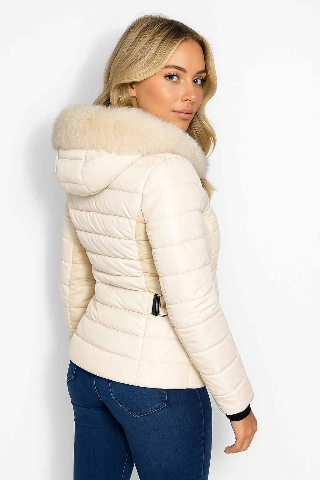Faux Fur Trimmed Hoodie Belted And Quilted Winter Jacket