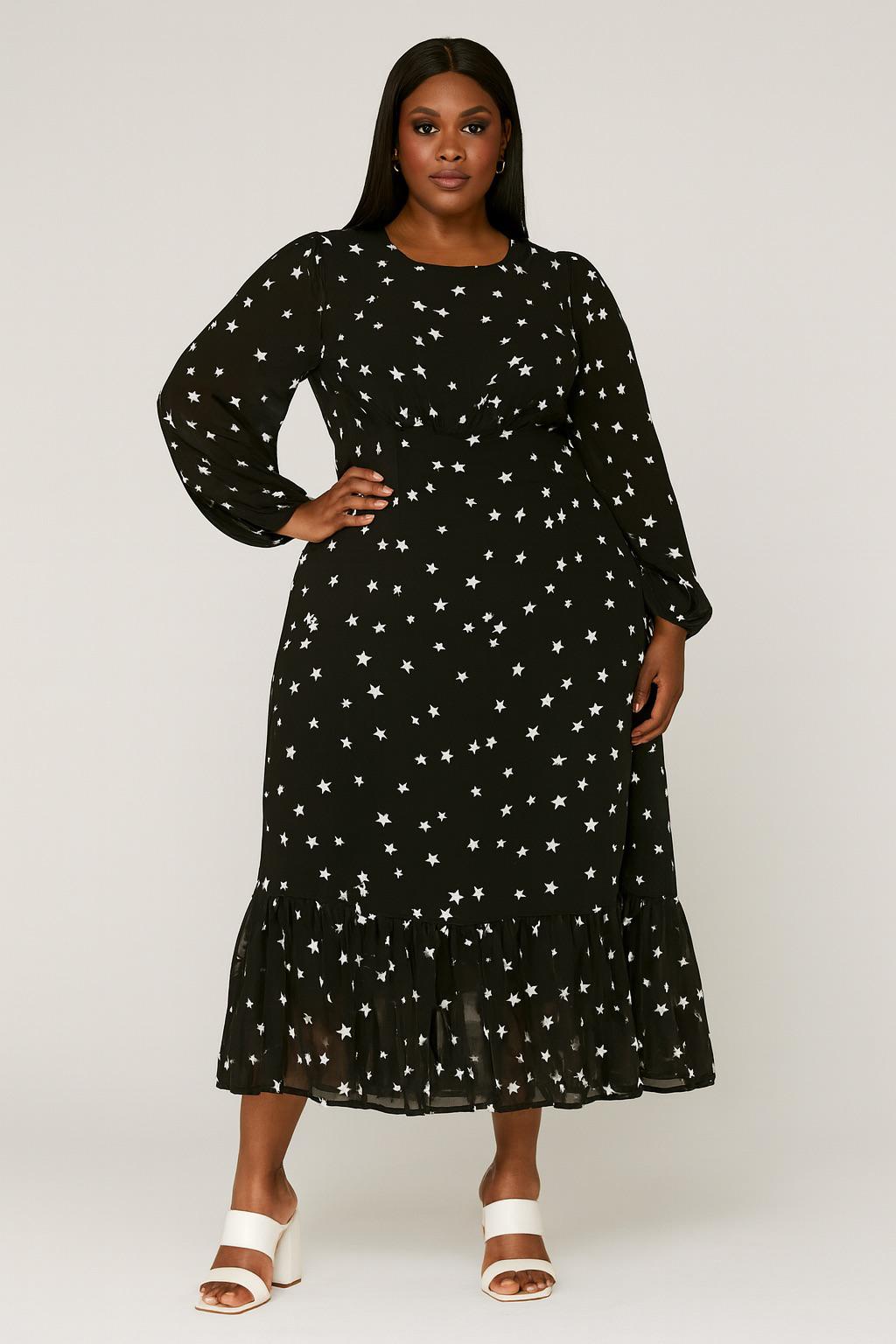 Black Star Print Polyester Long Sleeve Frill Hem Chiffone Midaxi Dress