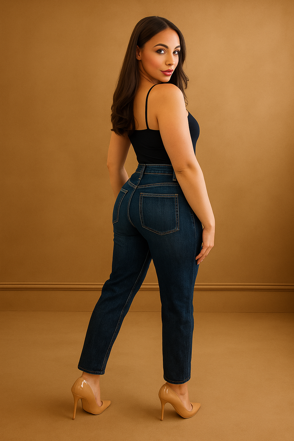 High Waisted Square Seam Details Jeans