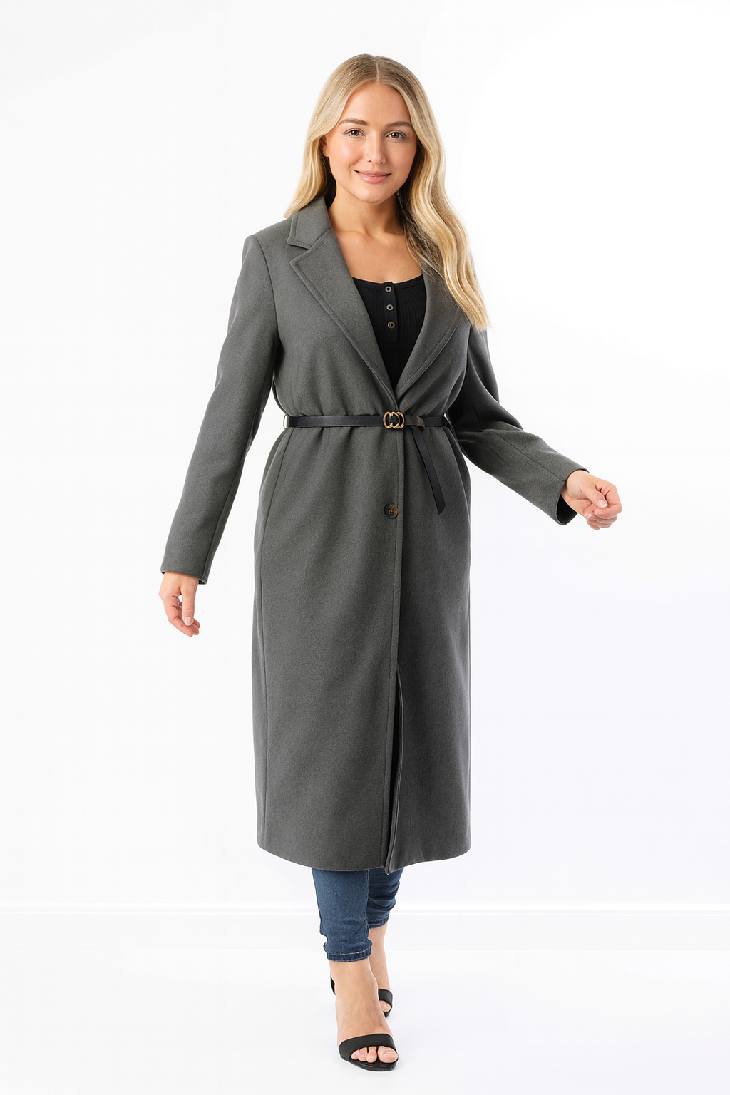 Loose Fit Circle Belt Soft Long Button Down A-Line Lapel Coat