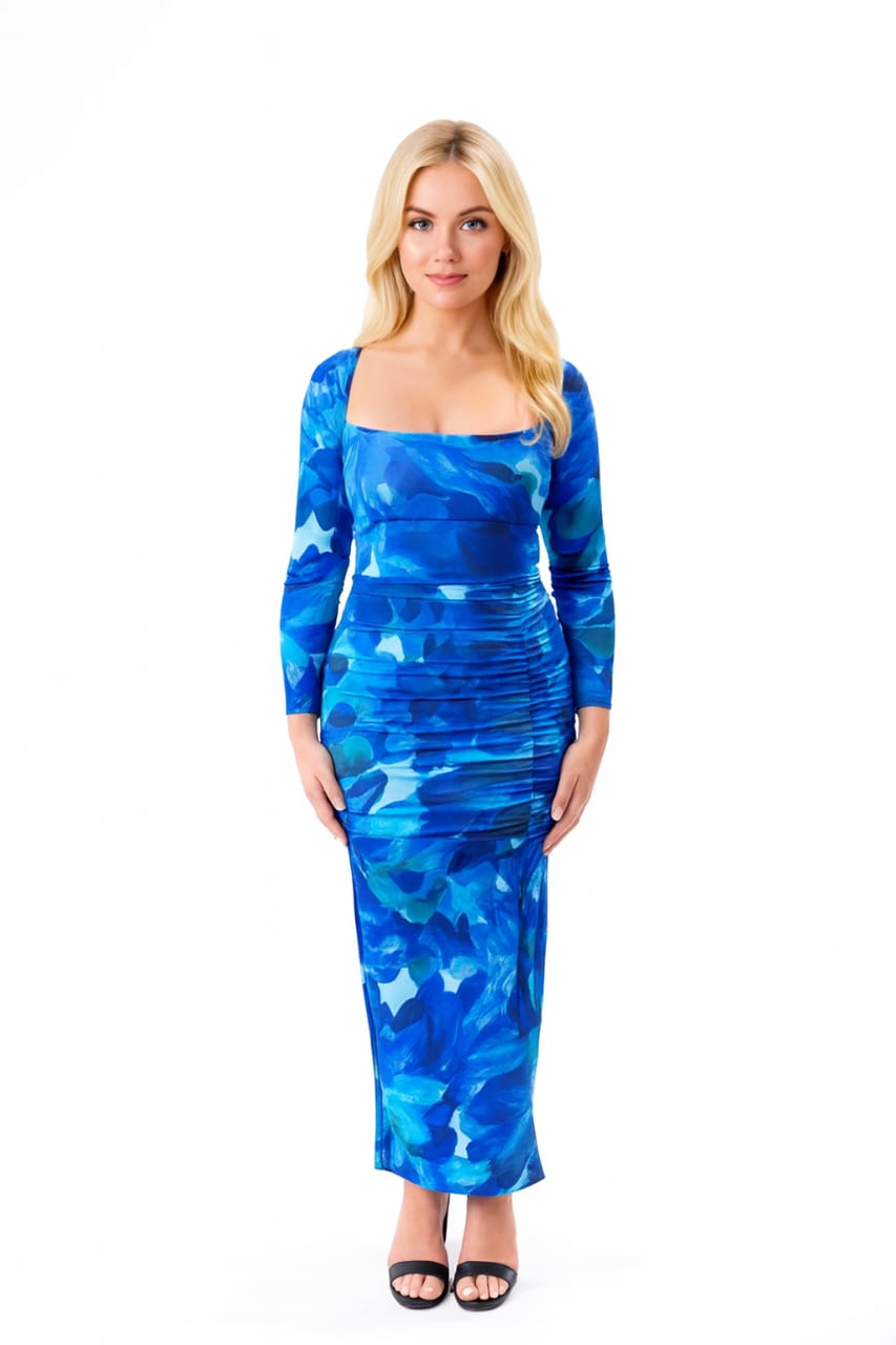 Watercolour Print Crisscross Tie Back Ruched Side Slit Padded Maxi Dress