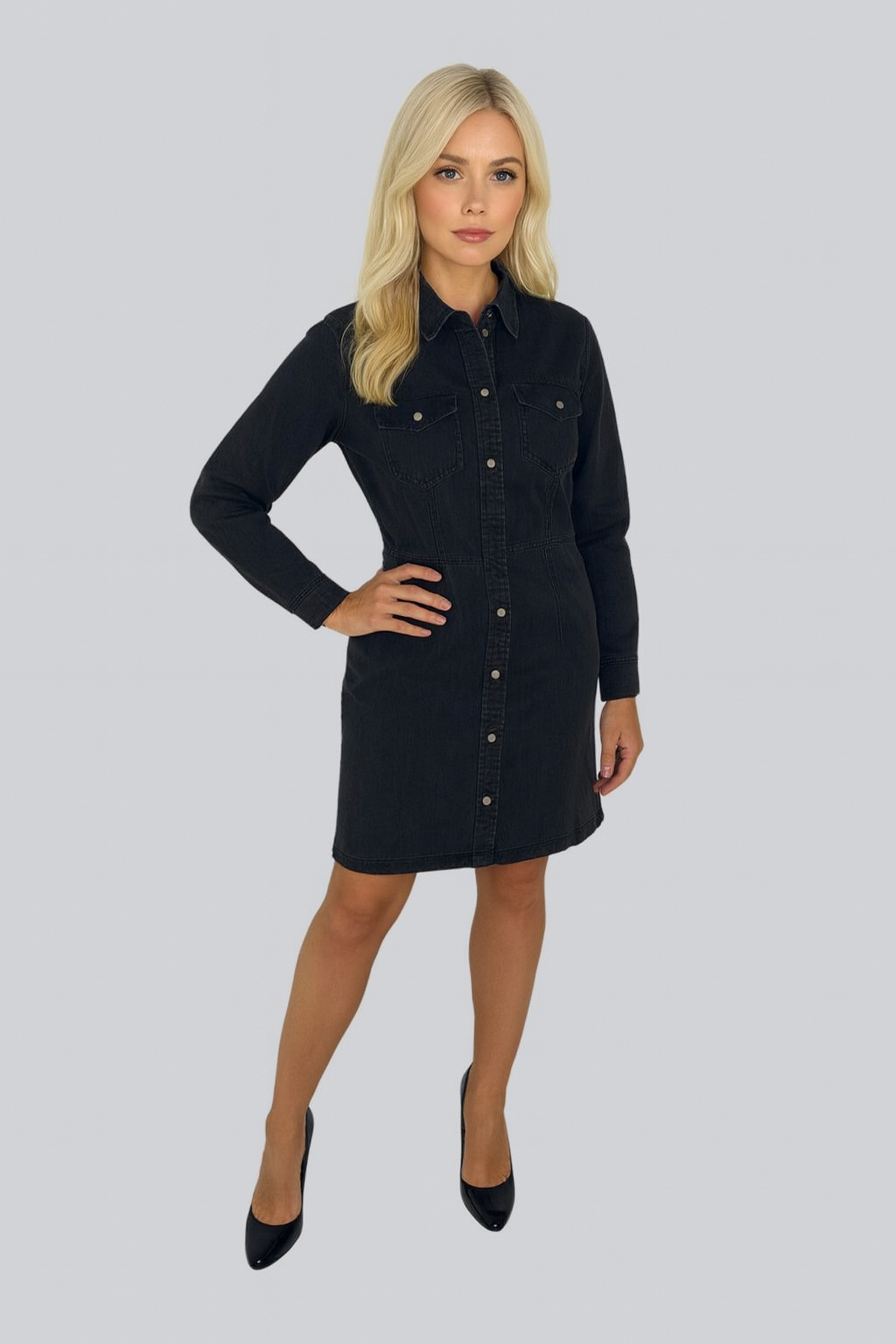 Long Sleeve Chinched Waist Denim Shirt Dress