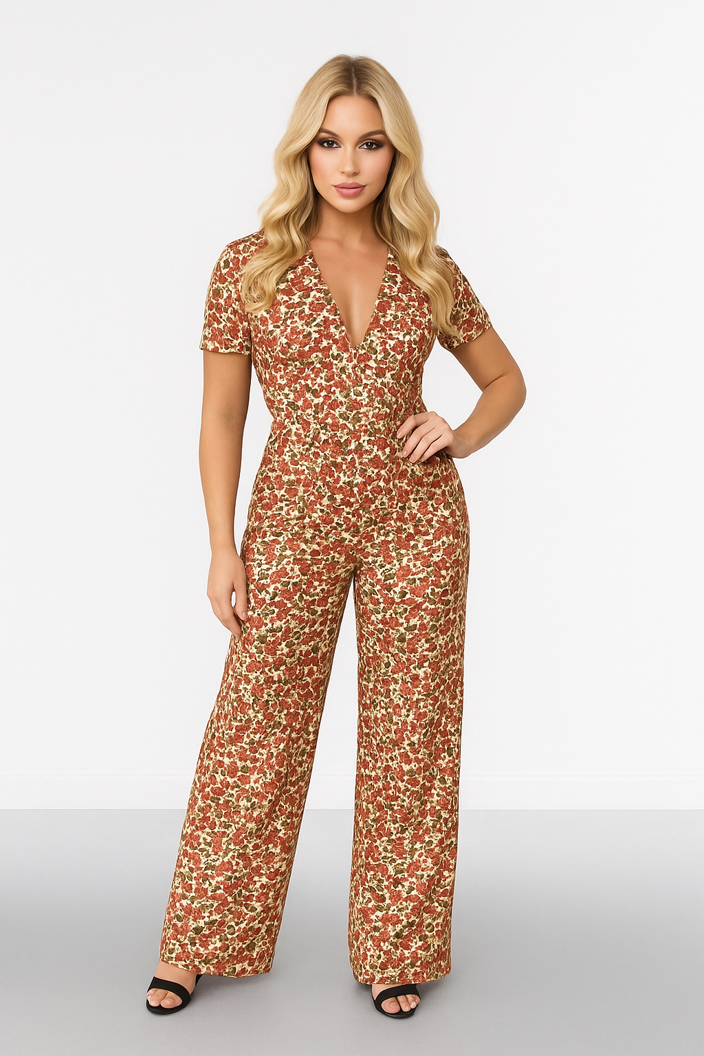 Floral Print Low Cut Neck Empire Waist Wide Extra Long Leg Jumpsuit