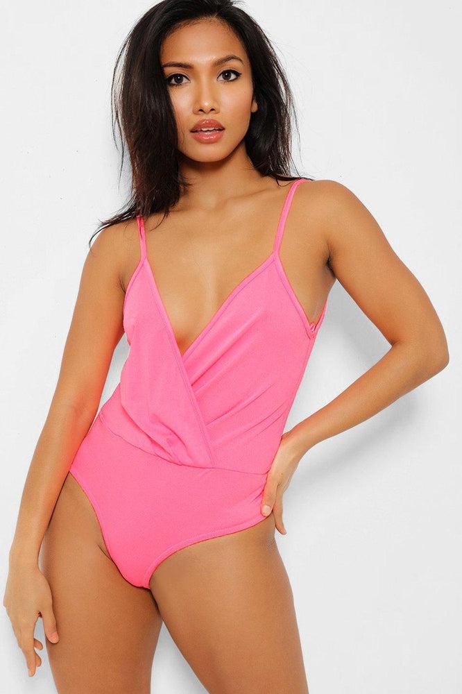 Neon Pink Deep Plunge Wrap Bodysuit-SinglePrice