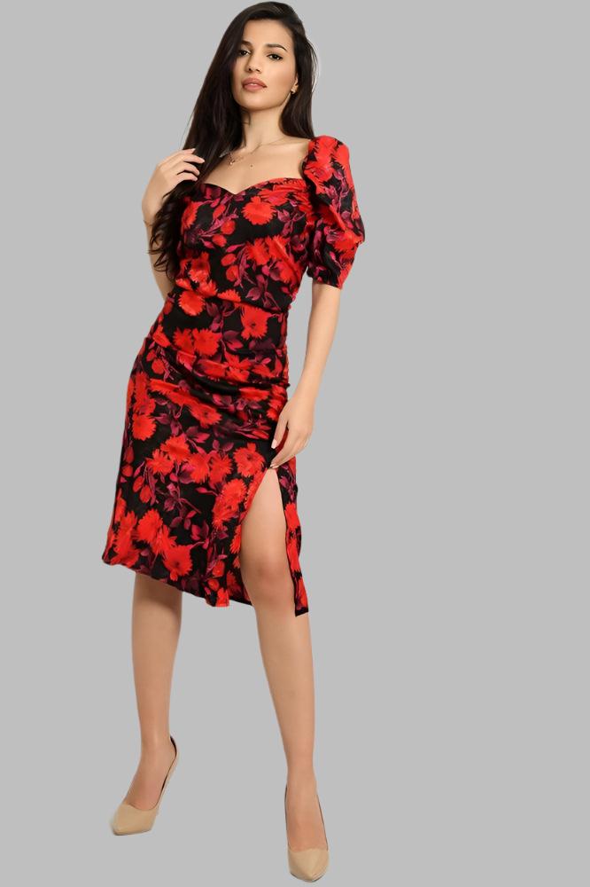 Red Black Floral Print Milkmaid Dress