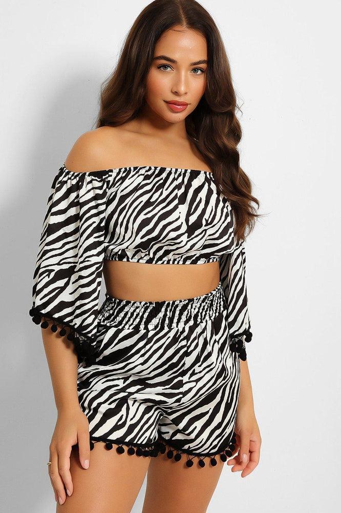 Zebra Print Pom Pom Trim Crop Top And Shorts Set-SinglePrice