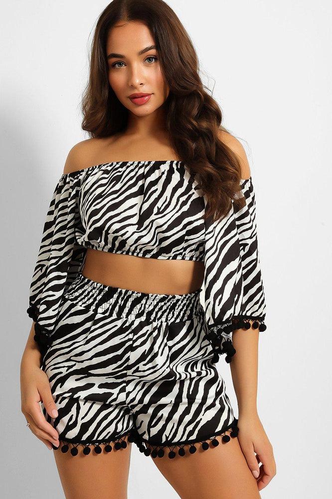 Zebra Print Pom Pom Trim Crop Top And Shorts Set-SinglePrice