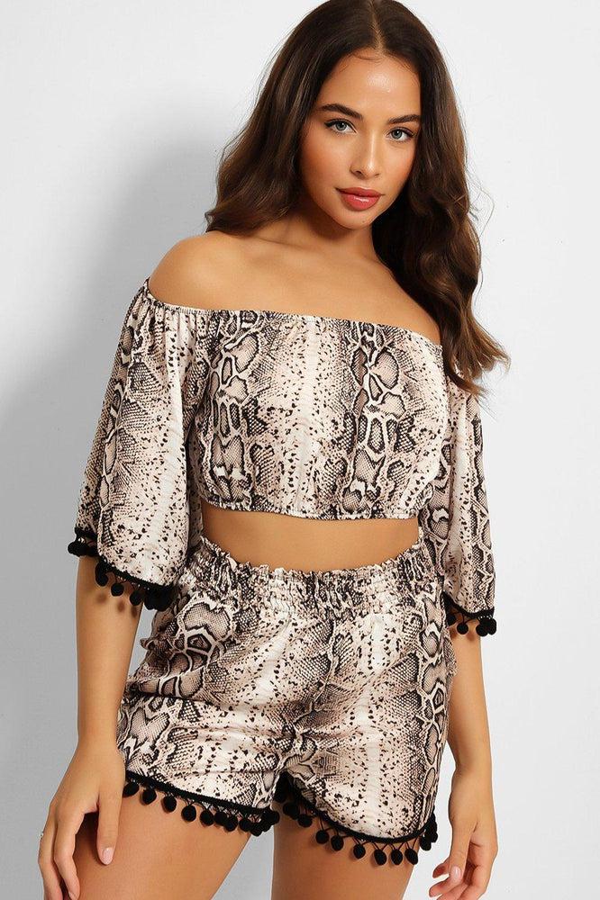 Snake Print Pom Pom Trim Crop Top And Shorts Set-SinglePrice