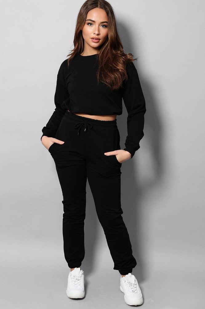 Black Cropped Drawstring Top 2 Piece Tracksuit-SinglePrice