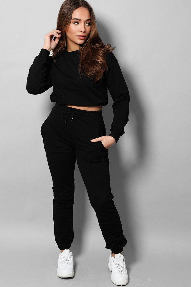 Black Cropped Drawstring Top 2 Piece Tracksuit-SinglePrice