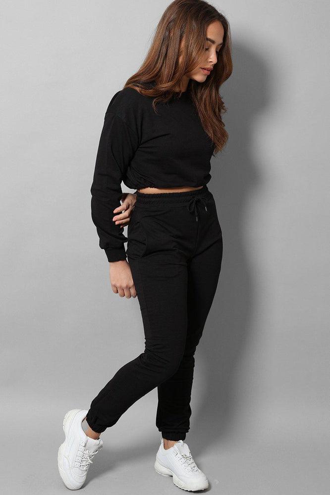 Black Cropped Drawstring Top 2 Piece Tracksuit-SinglePrice