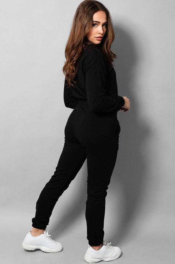 Black Cropped Drawstring Top 2 Piece Tracksuit-SinglePrice