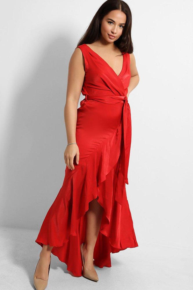 Red Frilled Wrap Maxi Dress-SinglePrice