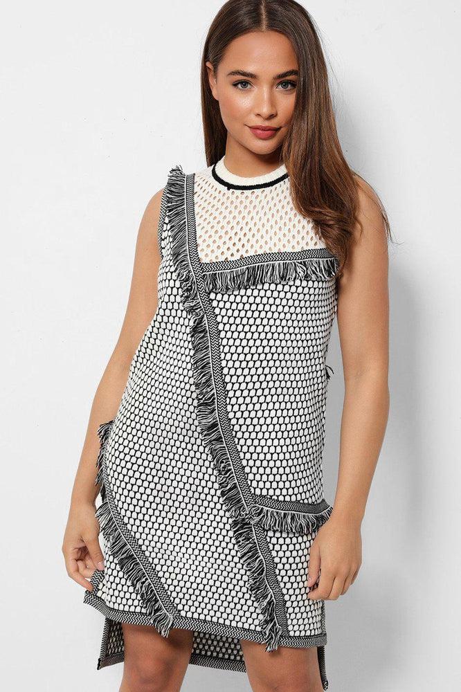Perforated And Fringed Knit Monochrome Shift Dress-SinglePrice