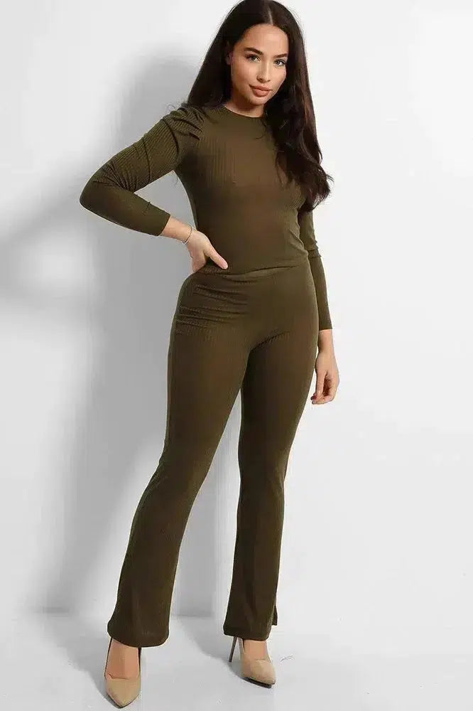 Ribbed Jersey Puff Sleeves Top And Trousers Set-SinglePrice