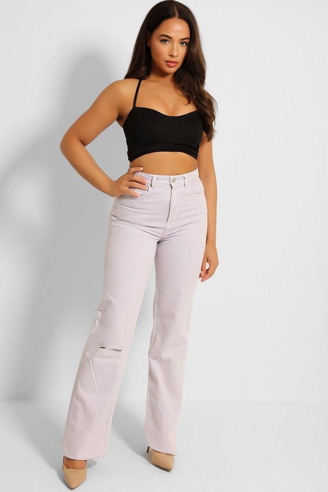 Lilac Slashed Knee Straight Leg Jeans-SinglePrice