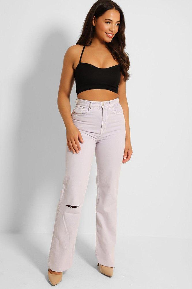 Lilac Slashed Knee Straight Leg Jeans-SinglePrice