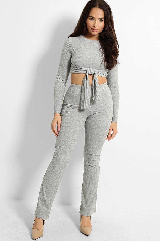 Ribbed Jersey Crop Tie Top And Trousers Set-SinglePrice