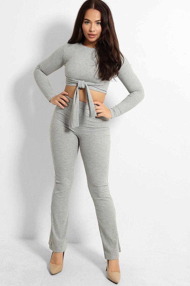 Ribbed Jersey Crop Tie Top And Trousers Set-SinglePrice