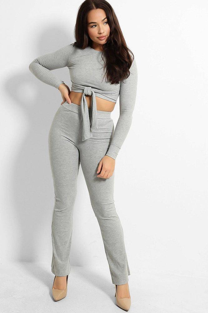 Ribbed Jersey Crop Tie Top And Trousers Set-SinglePrice