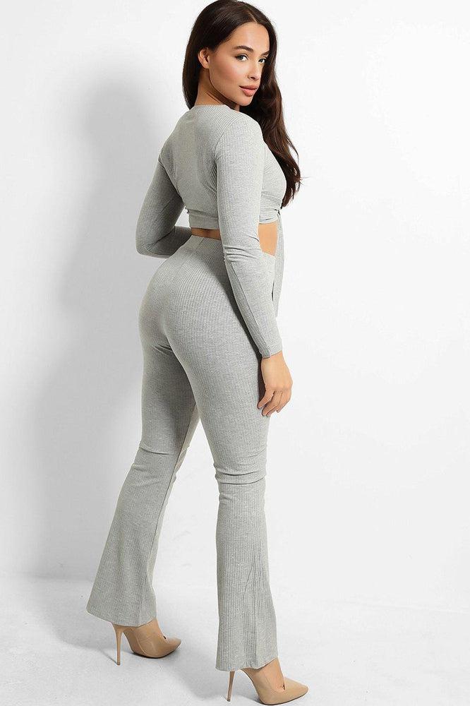 Ribbed Jersey Crop Tie Top And Trousers Set-SinglePrice