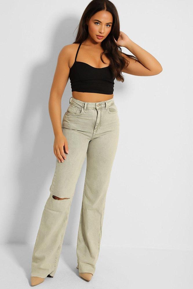 Mint Slashed Knee Straight Leg Jeans-SinglePrice