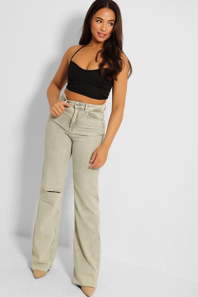 Mint Slashed Knee Straight Leg Jeans-SinglePrice