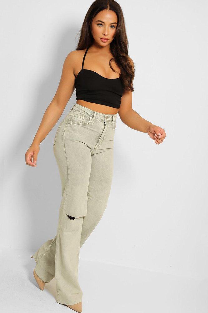 Mint Slashed Knee Straight Leg Jeans-SinglePrice