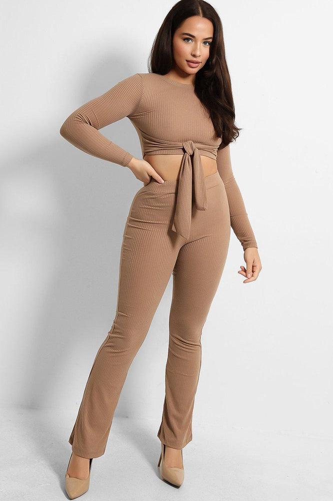 Ribbed Jersey Crop Tie Top And Trousers Set-SinglePrice