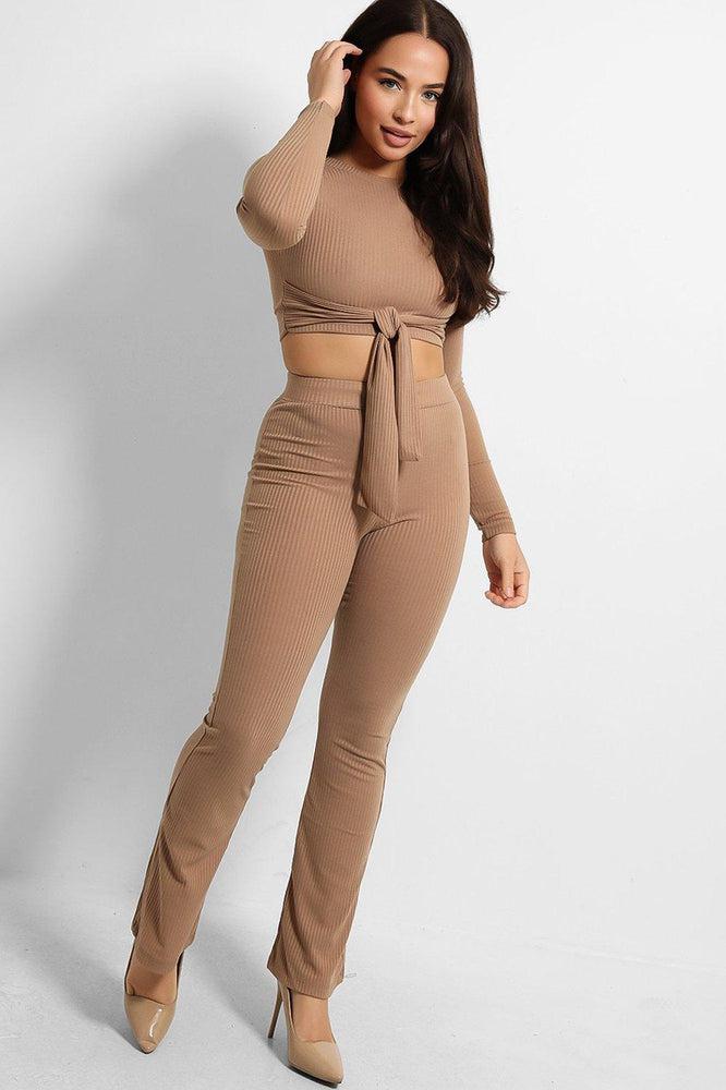 Ribbed Jersey Crop Tie Top And Trousers Set-SinglePrice