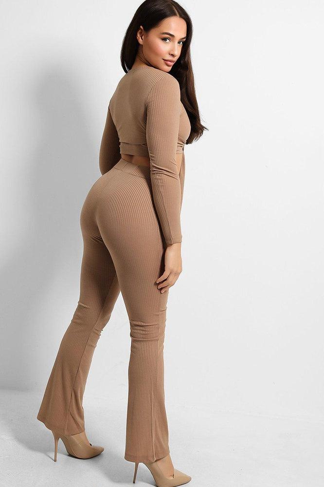 Ribbed Jersey Crop Tie Top And Trousers Set-SinglePrice