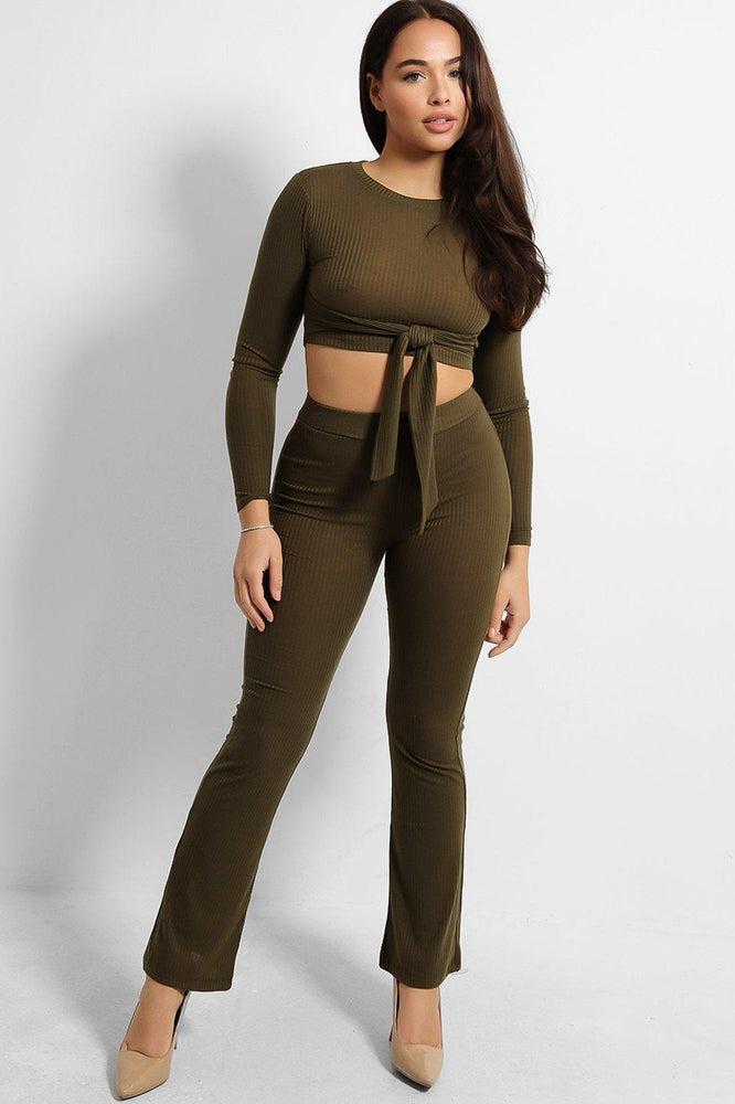 Ribbed Jersey Crop Tie Top And Trousers Set-SinglePrice