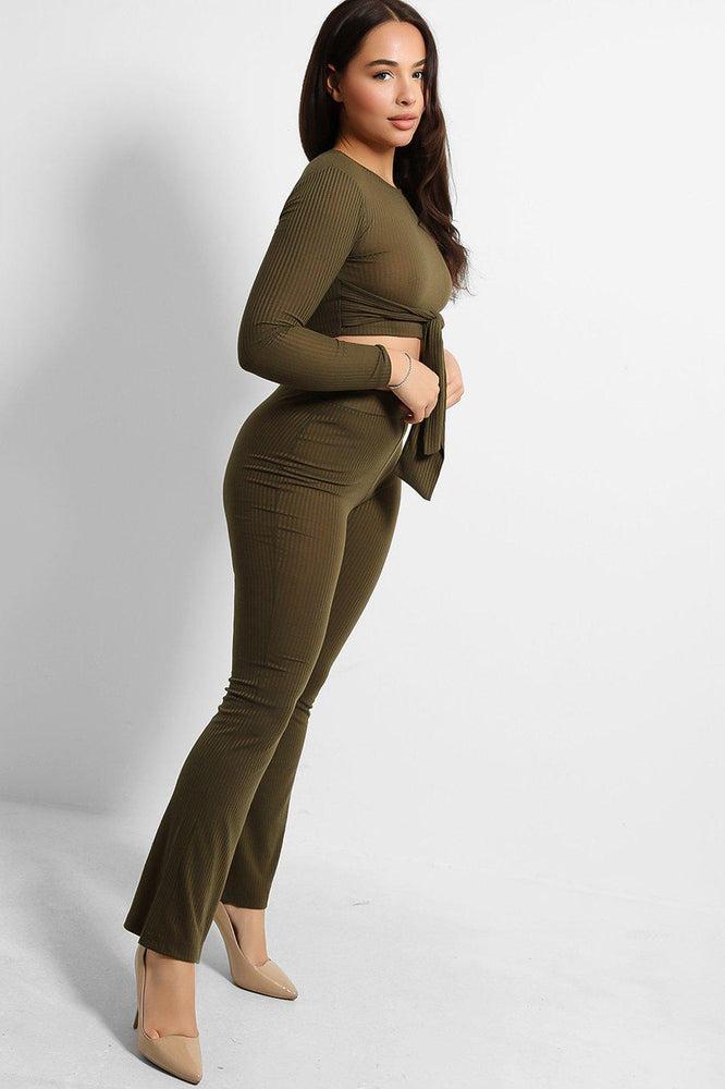 Ribbed Jersey Crop Tie Top And Trousers Set-SinglePrice