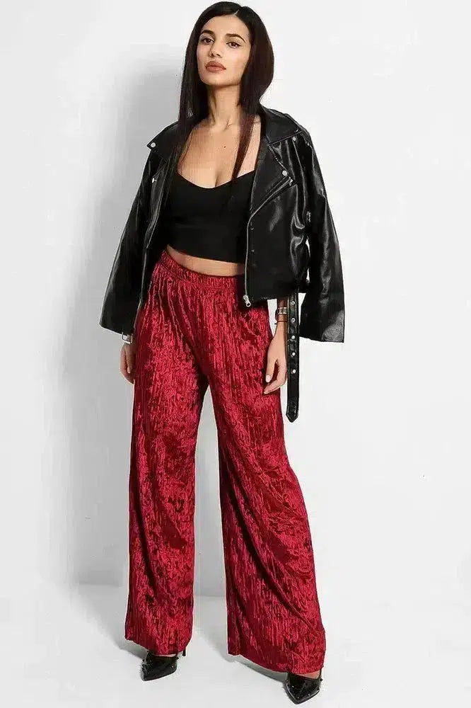 Wine Crushed Pleated Velvet Wide Leg Trousers-SinglePrice