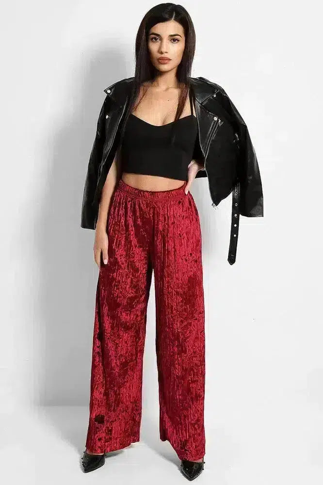 Wine Crushed Pleated Velvet Wide Leg Trousers-SinglePrice