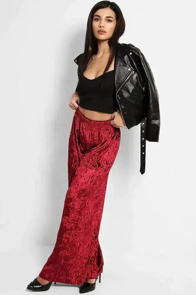 Wine Crushed Pleated Velvet Wide Leg Trousers-SinglePrice