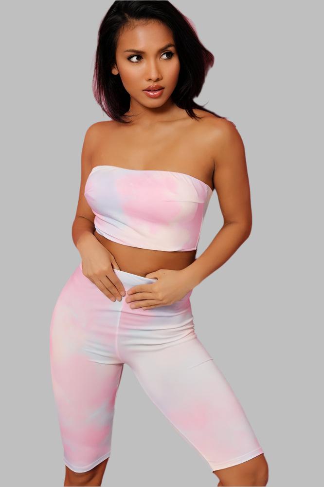 Pink Tie Dye Bandeau Crop Top And Cycling Shorts Set