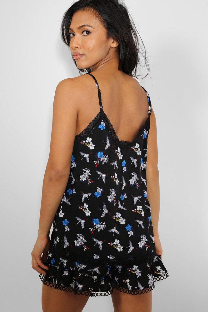 Black Flowers And Cranes Print 2 Piece Lounge Set-SinglePrice