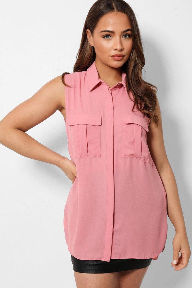 Pink Sleeveless Chest Pocket Shirt-SinglePrice