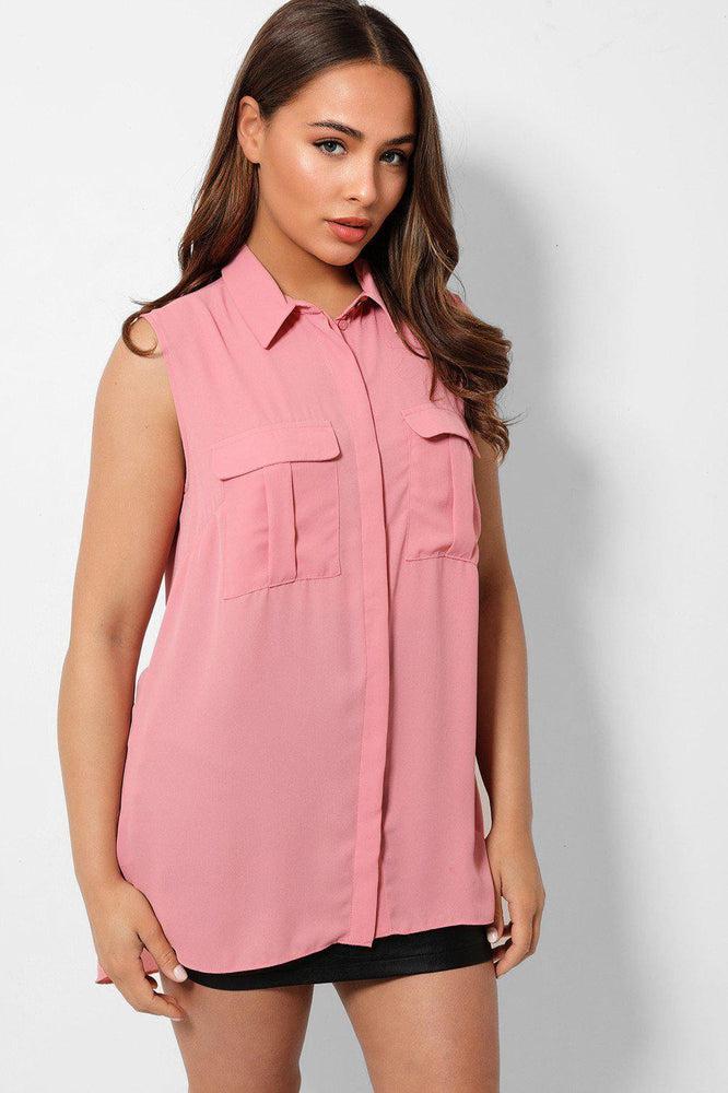 Pink Sleeveless Chest Pocket Shirt-SinglePrice