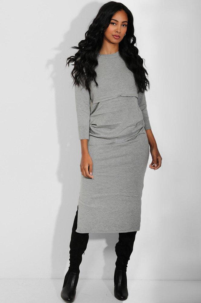Maternity Grey Side Splits Flat Knit Maxi Dress-SinglePrice