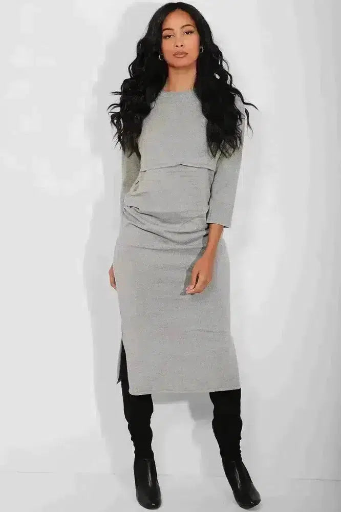 Maternity Grey Side Splits Flat Knit Maxi Dress-SinglePrice
