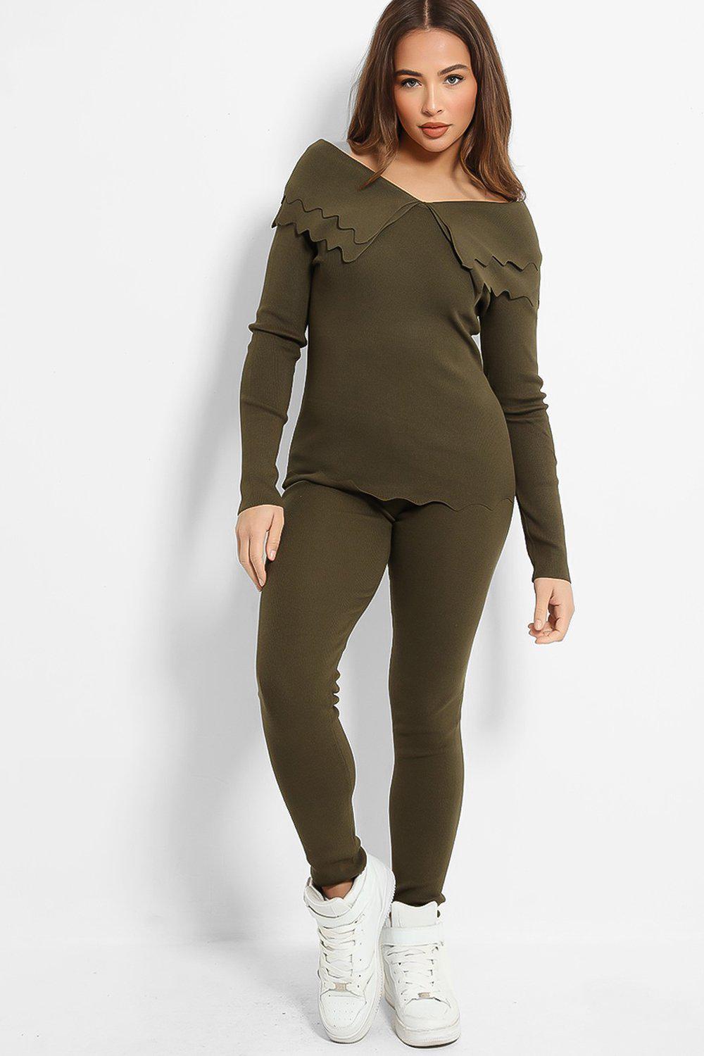 Khaki Scallop Layered Fold Detail Flat Knit Lounge Set-SinglePrice