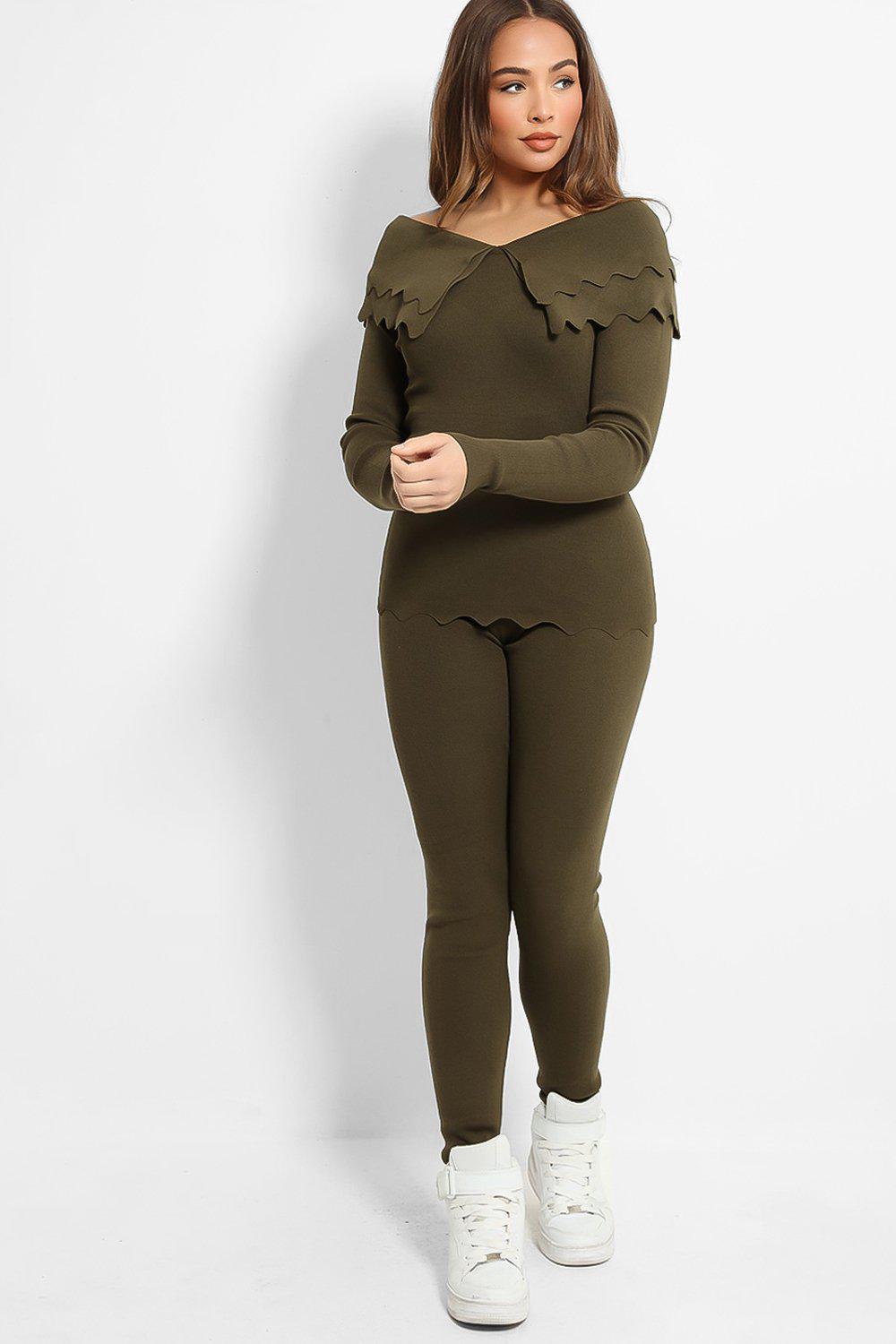Khaki Scallop Layered Fold Detail Flat Knit Lounge Set-SinglePrice