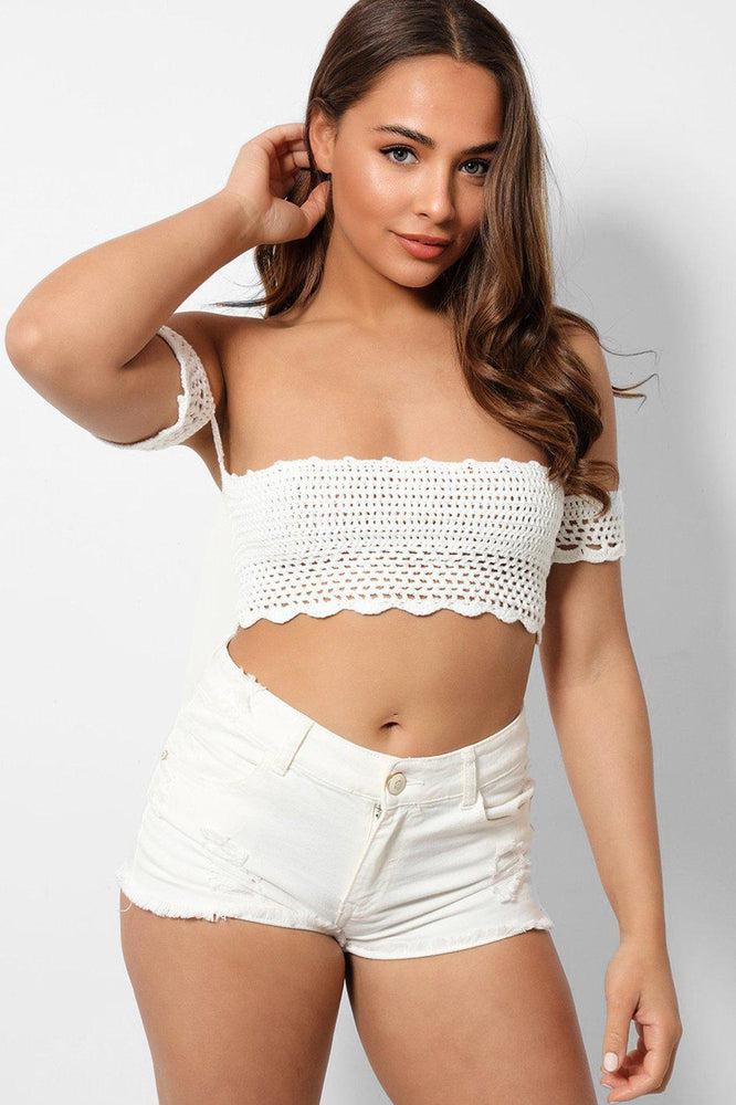 White Crochet Knit Bardot Crop Top-SinglePrice