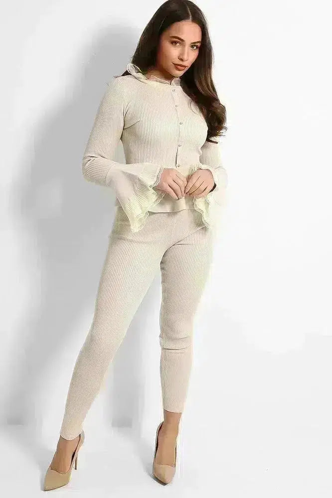 Organza Neck Crystal Button Details Rib Knit Lounge Set-SinglePrice