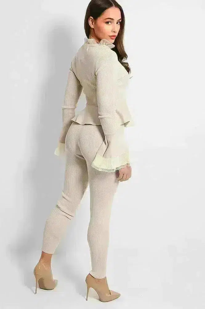 Organza Neck Crystal Button Details Rib Knit Lounge Set-SinglePrice