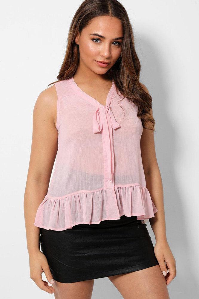 Pink Ruffle Hem Pussybow Sleeveless Top-SinglePrice