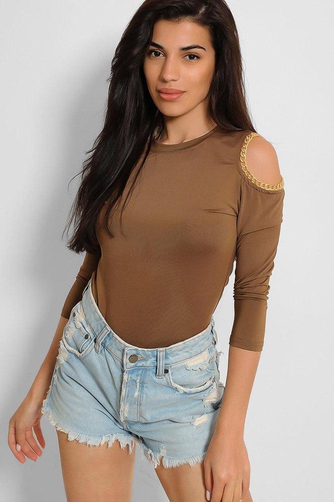 Brown Chain Trim Cold Shoulder Slinky Top-SinglePrice
